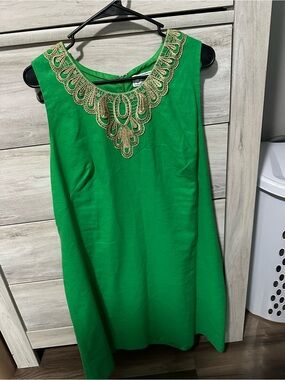 Green Sleeveless Mini Dress with Gold Embroidered Neckline